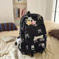 Linda mochila escolar negra para niñas con patrones de lazos coloridos y estrellas de felpa - Estilo 1 / Con Llavero / Negro