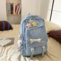Linda mochila acolchada azul claro con estrellas de felpa y bordado de lazos para niñas - Estilo 3 / Con Llavero / Azul