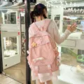Mochila rosa linda para estudiantes con bordado de lazos, dijes de peluche y gran capacidad - Estilo 4 / Con Llavero / Rosa