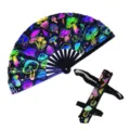 Vue détaillée de l'éventail pliable champignon UV fluorescent 33cm avec étui et baleines bambou. - Éventail Avec Sac