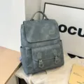 Zaino vintage in pelle PU blu polvere con cinghie a fibbia e pattina per studentesse - Borsa Singola / Blu