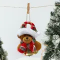 Christmas teddy bear pendant with santa hat and bell for holiday tree decoration details. - Large Bell Pendant Bear