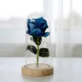 Blauwe roos glazen koepel detail met LED lichtjes, houten basis romantisch cadeautje. - Blauwe Roos / Natuurhout Lichtsnoer