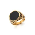 Retro men's gold stainless steel signet ring with a large black circular stone inlay - Size 7 / Black Face Vintage Style (RS02) - Gold