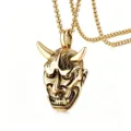 Detailed view of a vintage gold Hannya mask pendant on a sturdy box chain for men - 恶魔般若面具款式 / Gold