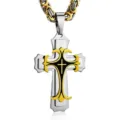 Detailed view of a multi-layer gold and silver stainless steel cross pendant necklace - Gold Enamel Style With Byzantine Chain