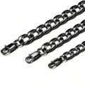 Detailed close-up of three black stainless steel Cuban link chains with lobster clasps - 5mm Wide Chain (Rectangle Buckle) / 80cm Length / Black