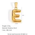 Gold stainless steel letter E pendant with dimensions and weight info - Letter E