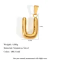 Polished stainless steel letter U pendant in 18K gold finish with measurement specs - Letter U