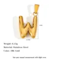 18K gold plated stainless steel letter W pendant with detailed product dimensions - Letter W