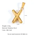 Stainless steel uppercase letter X pendant with 18K gold plating and measurements - Letter X