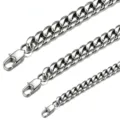 Close-up showing three different widths of polished stainless steel Cuban link chains - 6mm Width Rectangular Buckle / 17cm Bracelet / Steel