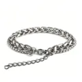 Detailed view of a silver double-layered stainless steel wheat and box chain bracelet - Double Layer Floral Cuban Chain / 8mm Wide x 19+5cm Long / Silver