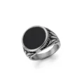 Vintage men's stainless steel ring with black round inlay and embossed side patterns - Size 7 / Black Face Vintage Style (RS02) - Steel Color