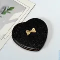 Elegant black glitter heart-shaped portable makeup mirror with a decorative gold bow - Bow Combination / Black