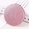 Portable round folding pocket makeup mirror with sparkling pink glitter finish for women - Round Style / 70mm Pack / Pink