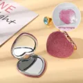 Pink glitter heart-shaped folding portable double-sided metal makeup mirror for girls - Heart Style / Silver Inner Frame-OPP Bag / Pink