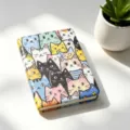 Portable folding makeup mirror with cute colorful cartoon cat pattern on white desk. - Fresh Blue Colorful Cats