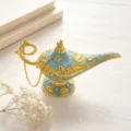 Detailed view of an ornate blue and gold Aladdin lamp ornament on a white desk - Large (14cm) / Blue
