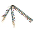 Detail view of ethnic style embroidered bag strap with colorful bead fringe and gold clasp - Striped Beads (80cm) / Gold Buckle / Off White