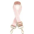 Detail view of the pink and white chevron pattern and gold metal buckle on bag strap - Gold Buckle / Pink