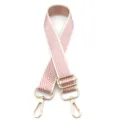 Detailed view of pink and white arrow pattern woven bag strap with gold adjustable buckle - Gold Buckle / Lotus root pink