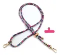Detailed view of retro colorful beaded phone lanyard with adjustable gold metal hardware - Rose Pink Purple