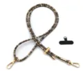 Close-up of vintage beaded phone lanyard with adjustable gold hardware and tether pad - Gold Buckle / Black and Gray