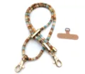 Retro colorful beaded phone lanyard strap with gold clasps and brown patch connector - Gold Buckle / Khaki