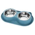 Blauer doppelter Haustiernapf mit Edelstahleinsätzen und rutschfester Silikonmatte für Hunde. - Edelstahl Doppelschüssel / Blau