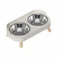 Doppia ciotola per animali in acciaio inox, supporto bianco avorio rialzato con gambe in legno - Avorio