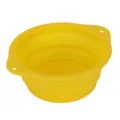 Portable collapsible pet bowl in yellow silicone with dual hanging ears for outdoor travel feeding. - Silicone with Buckle / Yellow
