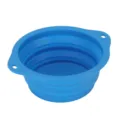 Portable collapsible silicone pet bowl with dual handles and hanging holes for outdoor travel. - Blue