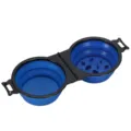 Portable collapsible double pet dog bowl with slow feeder design for outdoor travel and feeding. - Blue