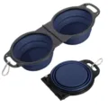 Portable double collapsible silicone pet bowl with carabiner for outdoor travel dog feeding. - Dark Blue