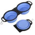 Portable double collapsible pet bowl, silicone dog and cat feeding travel bowl with carabiner. - Deep purple