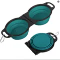 Portable double collapsible pet bowl, silicone dog and cat feeding bowl with carabiners. - Dark Green