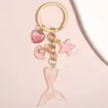 Porte-clés queue de sirène rose pailleté avec breloques étoile de mer et coquillage - Cœur Rose Dégradé (Style 02)