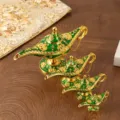 Set of four gold-patterned green Aladdin magic lamp decorative ornaments in various sizes - Green - Classic Version