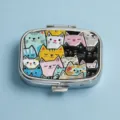 Compact square metal pill box featuring colorful cute cat illustrations on the lid - Macaron Cat (Square Silver Frame)