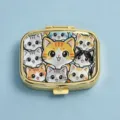 Square gold-tone two-compartment pill box featuring colorful cute cartoon cat illustrations - Square Orange Cat Family / 2 Compartments / Gold