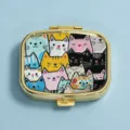 Portable gold metal pill box organizer with a colorful embroidered cat pattern lid - Macaron Cat (Square Gold Frame)