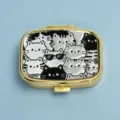 Gold rectangular pill box with cute black and white cat pattern for jewelry storage - Black & White Cats (Square Gold Frame)