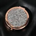 Luxury rose gold round folding compact mirror decorated with sparkling rhinestones - 70mm / Twinkling silver diamond (rose gold)