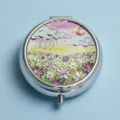 Round silver pill box with embossed floral and moon landscape lid - Purple Flower Moon Night (Round Silver Frame)