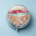 Round silver metallic pill box with decorative Mount Fuji and pink flower landscape - Fuji Mountain Flower Scene (Round Silver Frame)
