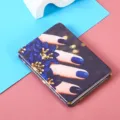 Portable rectangular leather makeup mirror with blue floral nail art graphic design - 8.4*5.9cm / blue and black nails