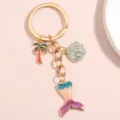 Creative gradient mermaid tail keychain with gold palm tree and glitter shell charms - Palm Tree Shell Gradient (Style 06)