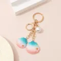 Blue and pink gradient resin shell keychain with faux pearl charm for bag decoration - Seashell Keychain / Pink