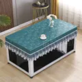 Tovaglia impermeabile in pelle rettangolare per tavolo riscaldato con bordo in pizzo dettaglio - Coperture per camino in jacquard verde con bordo in pizzo